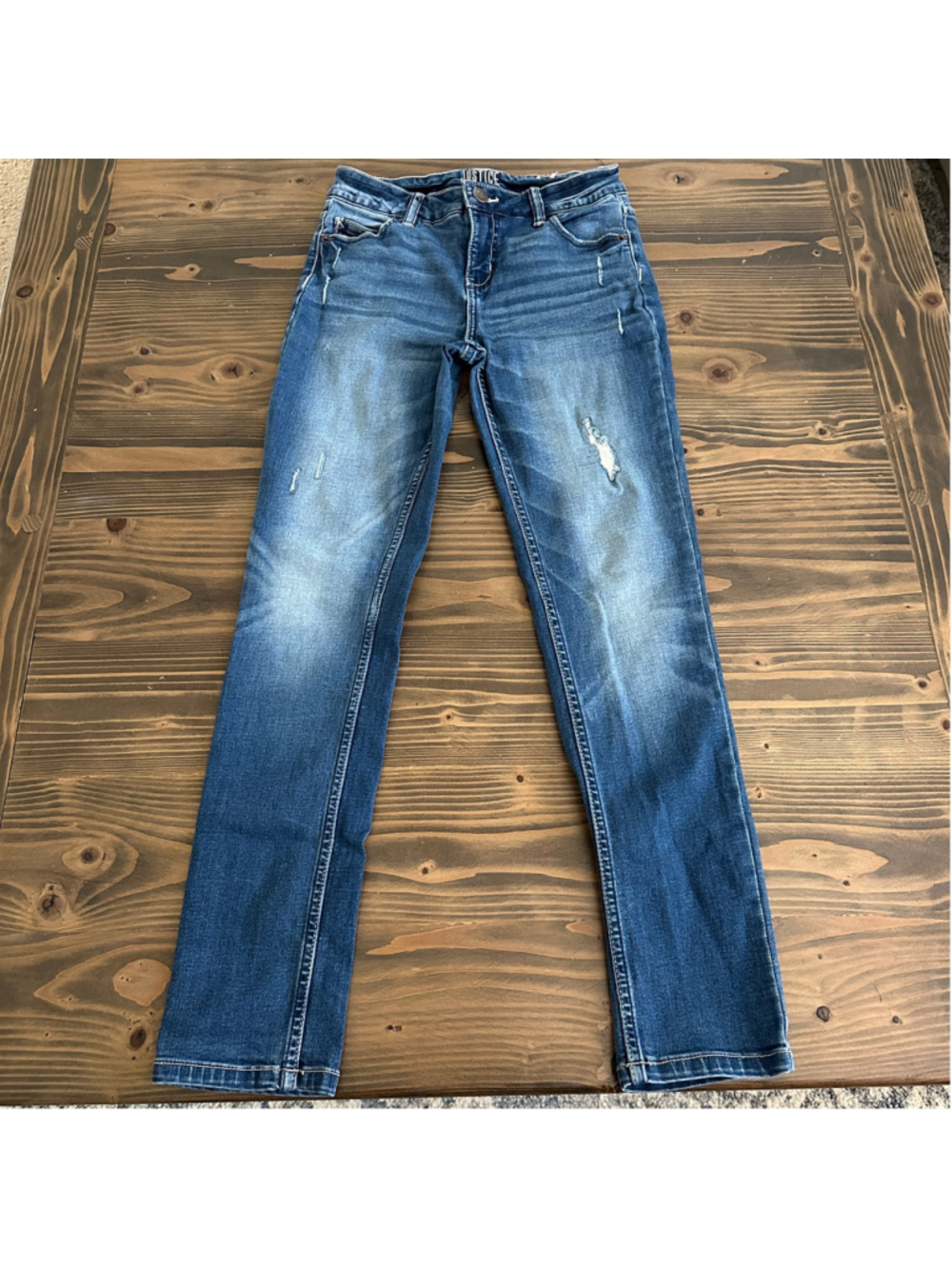 Girls Justice Super Skinny Jeans Size 12 Blue Mid Rise Distressed Stretch Denim
